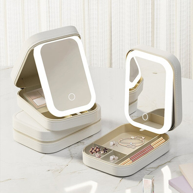 LED Makeup Mirror with Storage Box — Touch Dimmer, Adjustable Stand & Lipstick Organiser