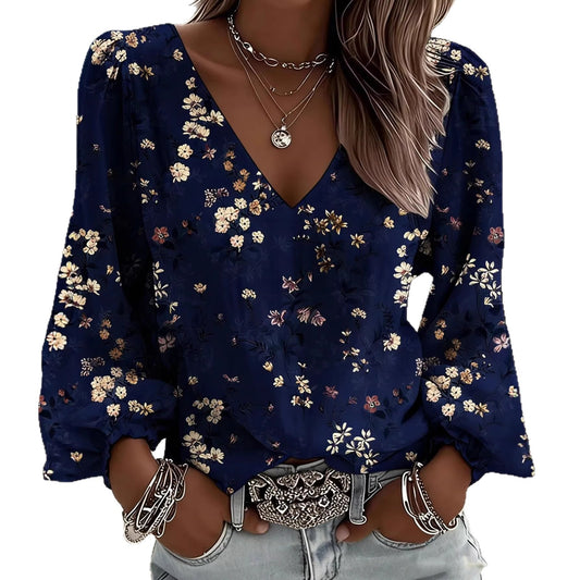 Women's Floral Print Long-Sleeve Shirt | Loose-Fit Casual Polyester Top