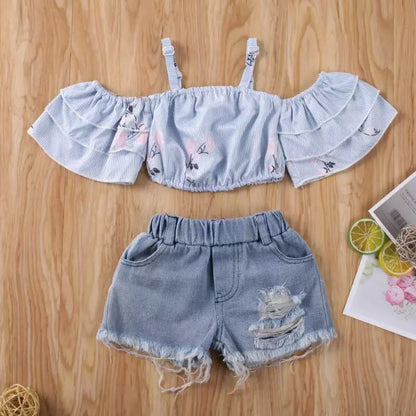 Girls' Floral Print Top & Suspender Denim Shorts Set