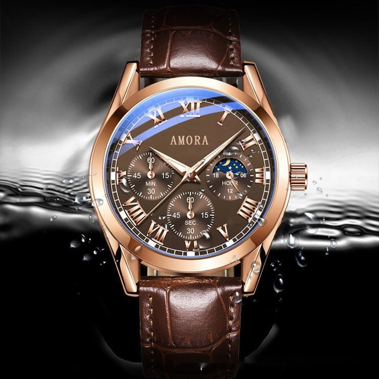 Men's Luminous Quartz Watch | Water Resistant | Black, Brown & White