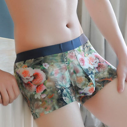 Men's Ice Silk Seamless Boxer Briefs Floral Print 2-Pack