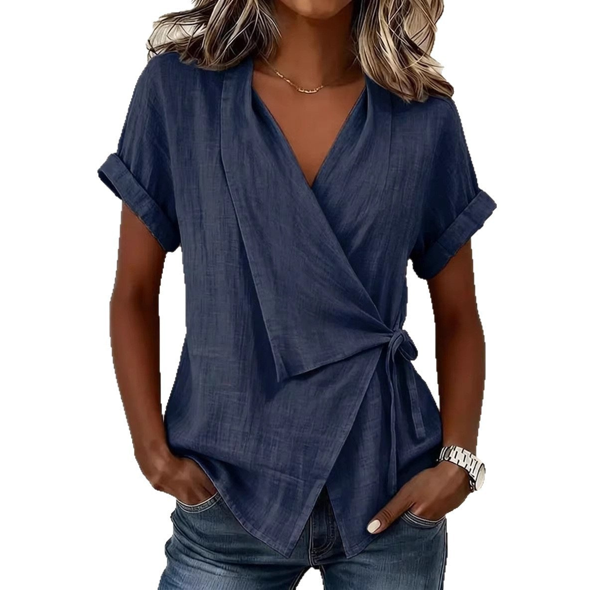 Women's Cotton-Linen Lapel Lace-Up Short-Sleeve Top