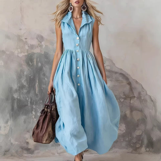 Women's Slim Fit Lapel Maxi Dress | Solid Colour
