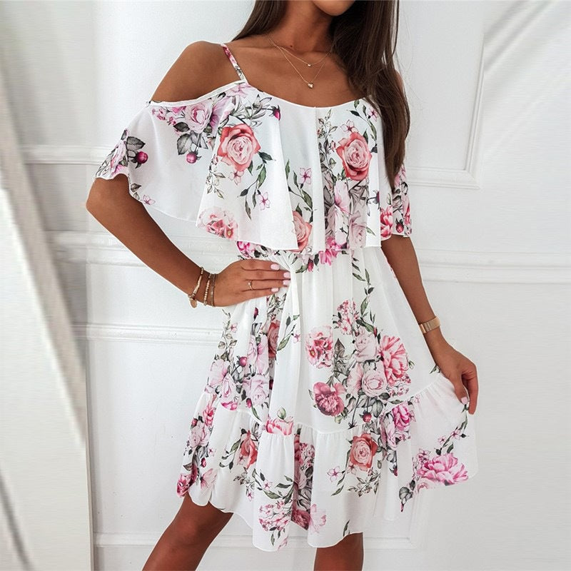 Women's Floral Print Ruffle Dress | Off-Shoulder Summer Midi