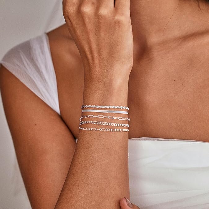14K Silver Plated Stackable Bracelet Set | 5 Dainty Bracelets for Women