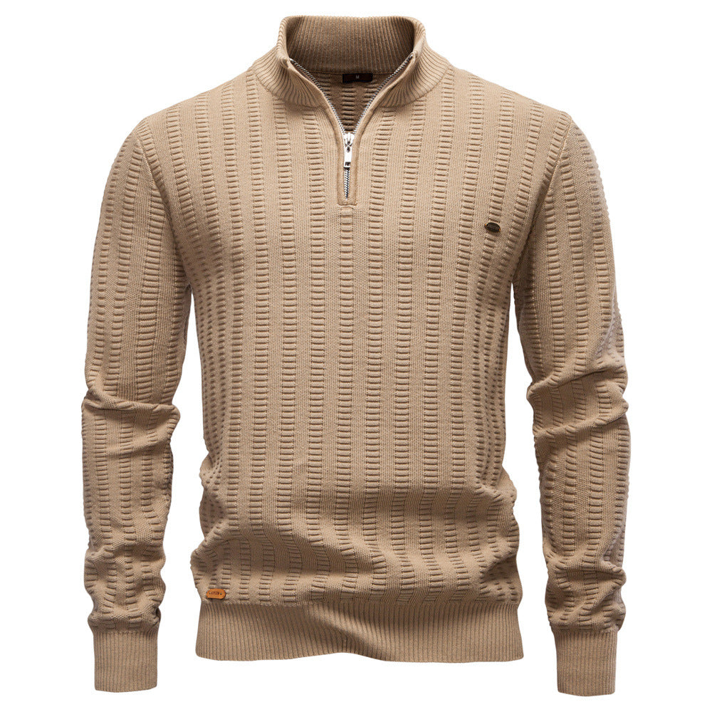 Men's Striped Jacquard Half-Zip Sweater | Stand Collar