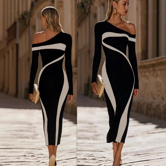 Women's Knitted Off-Shoulder Midi Dress | Black | XS-2XL