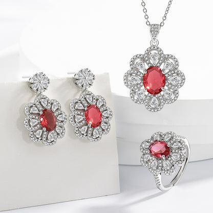 Women's Zircon Floral Jewellery Set – Copper Earrings, Necklace & Ring