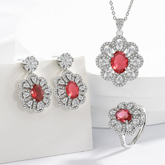 Women's Zircon Floral Jewellery Set – Copper Earrings, Necklace & Ring