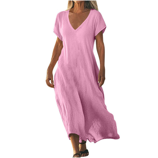 Women's Cotton Linen V-Neck Midi Dress