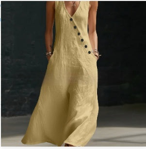 Women's Sleeveless Buttoned A-Line Linen Maxi Dress