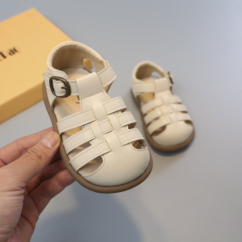 Girls' Woven Roman Shoes – PU Leather Velcro Toddler Flats