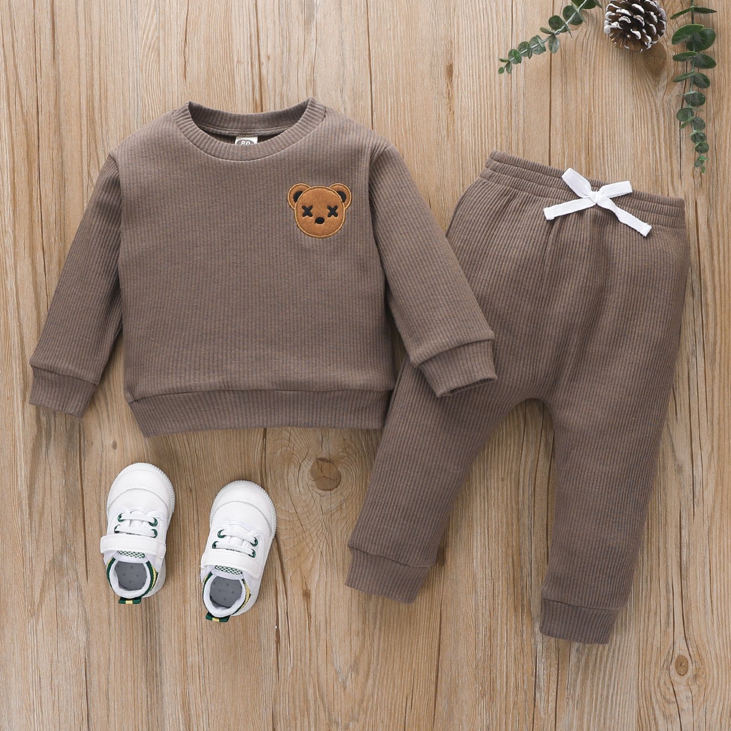 Children's Bear Embroidered Long-Sleeve Top & Trousers Set