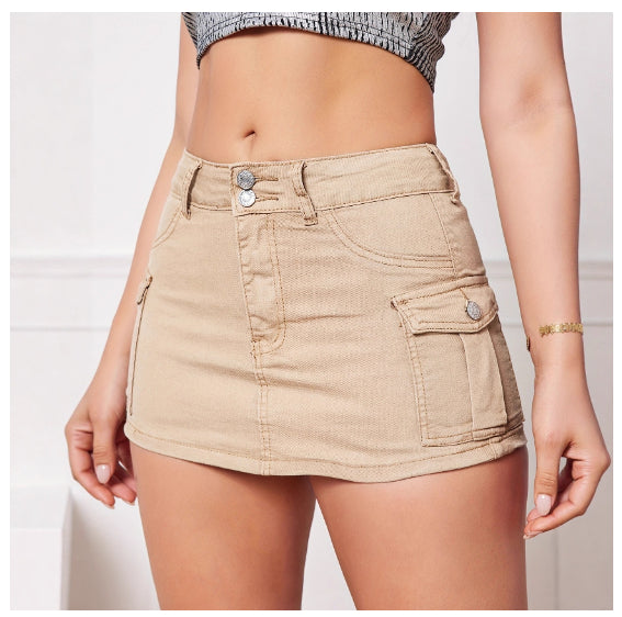Women's Khaki Bodycon Mini Skirt with Pockets