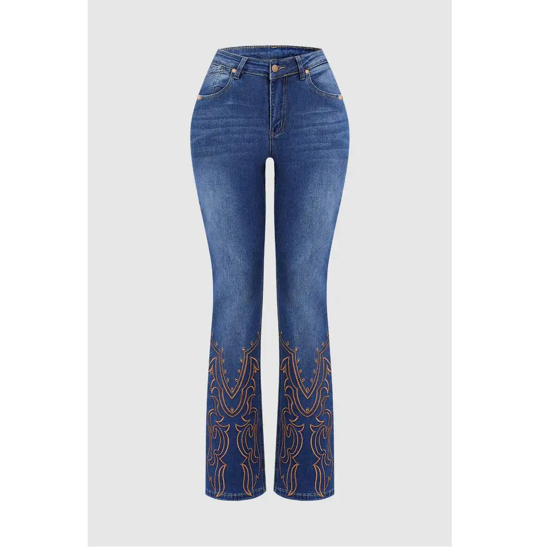 Women's Flared Denim Jeans | Embroidered Beaded Detail | XS–XL