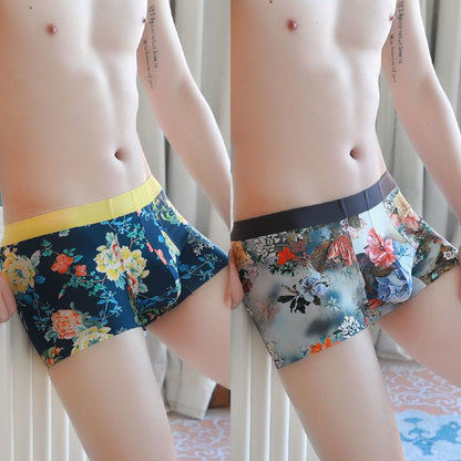 Men's Ice Silk Seamless Boxer Briefs Floral Print 2-Pack