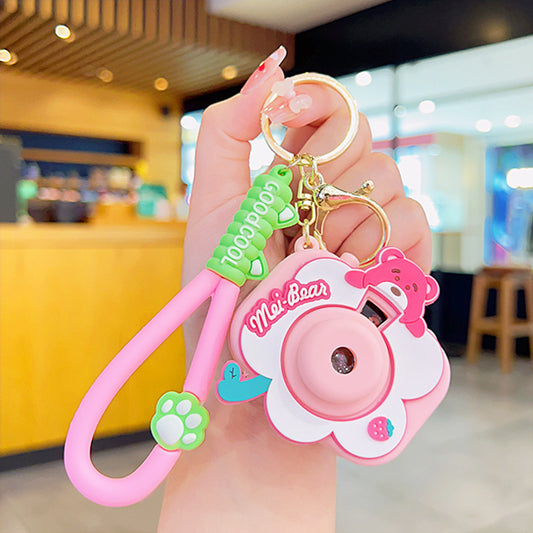 Bear Sweet Projection Camera Keychain | Light-Up Luminous Charm | White & Rose Red