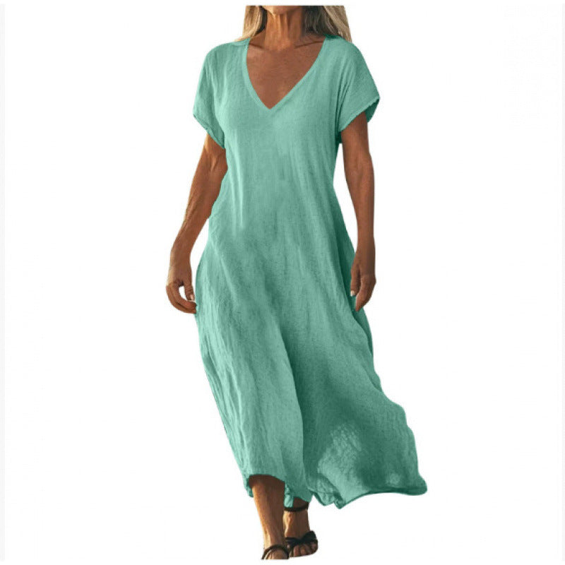 Women's Cotton Linen V-Neck Midi Dress
