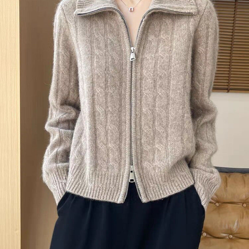 Women's Twist-Open Cardigan with Double Zip and Lapel Collar