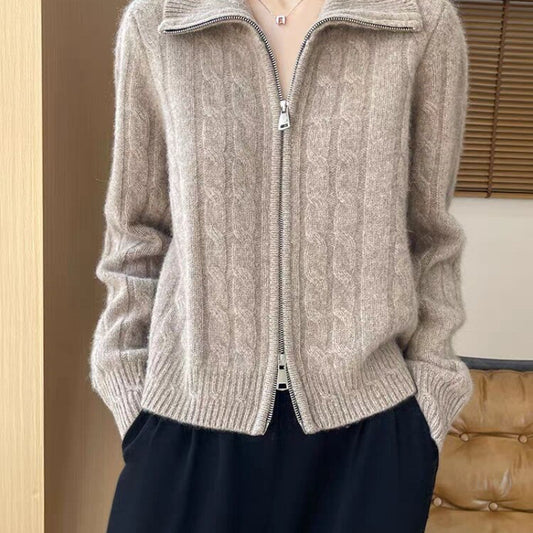 Women's Twist-Open Cardigan with Double Zip and Lapel Collar