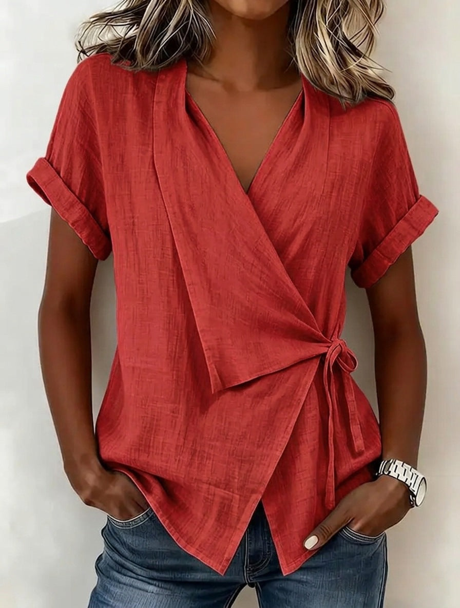 Women's Cotton-Linen Lapel Lace-Up Short-Sleeve Top