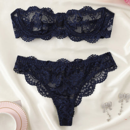 Women's Lace Floral Lingerie Set in Navy Blue | Bra & Knicker Set