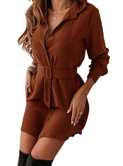 Women's Lapel Shirt Dress with Belt | Long Sleeve Midi