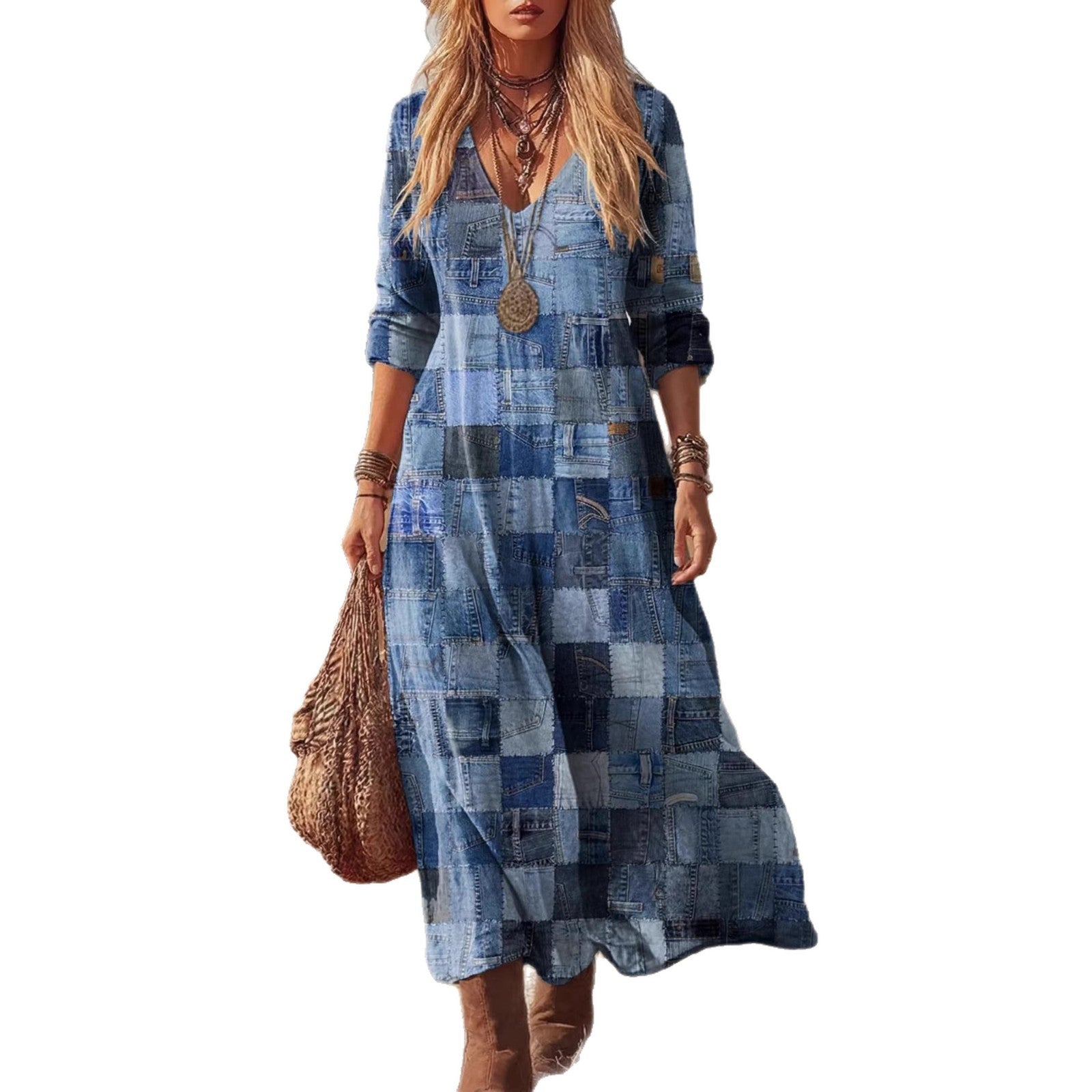Women's 3D Print V-Neck Long Sleeve A-Line Dress