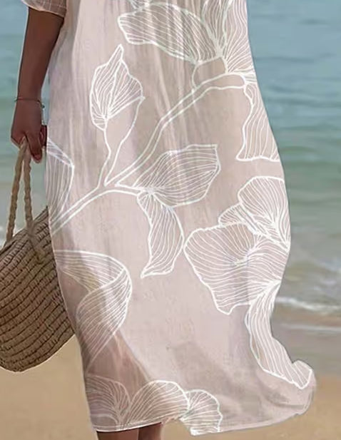 Women's Printed Cotton Linen Blend Midi Dress | Round Neck