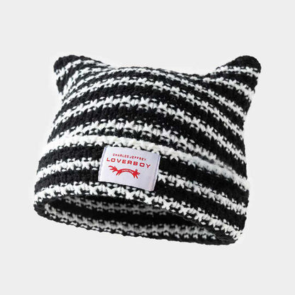 Women's Knitted Cat Ear Beanie | Striped Acrylic Winter Hat – 6 Colours