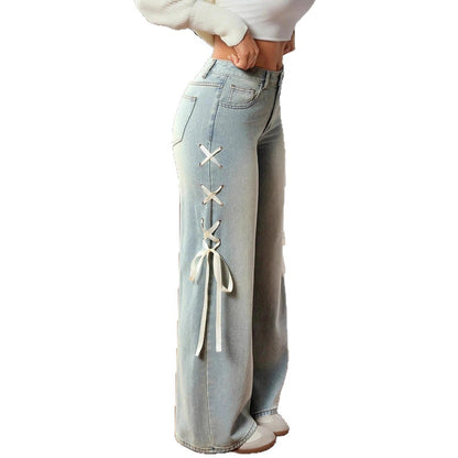 Women's High-Waist Bow Detail Straight-Leg Jeans - Peacock Blue