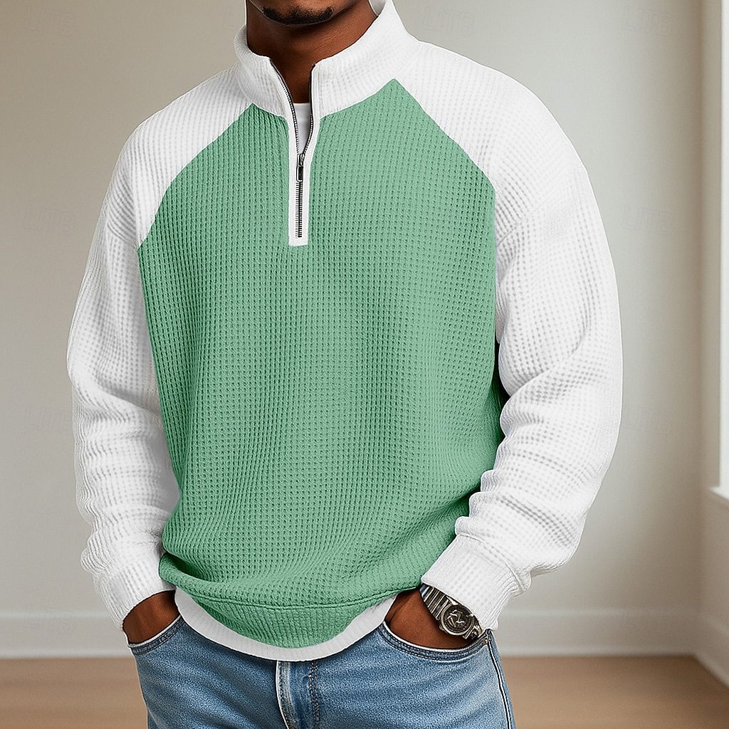Men's Waffle Knit Long Sleeve Polo Shirt – Colour Block | 6 Colours | Sizes S–5XL