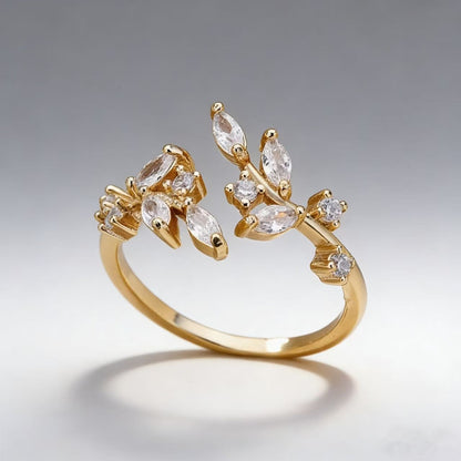 Floral Zircon Adjustable Ring | Gold Copper Gemstone Ring for Women