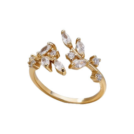 Floral Zircon Adjustable Ring | Gold Copper Gemstone Ring for Women