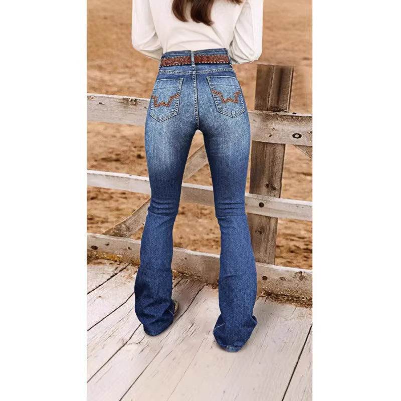 Women's Flared Denim Jeans | Embroidered Beaded Detail | XS–XL