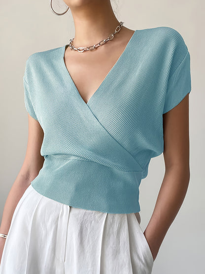 Women's V-Neck Knitted Top | Short-Sleeve High-Waisted Loose Fit Viscose Tee