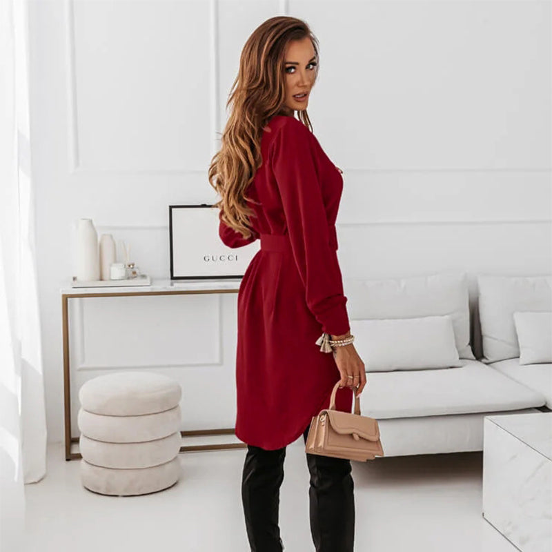 Women's Lapel Shirt Dress with Belt | Long Sleeve Midi