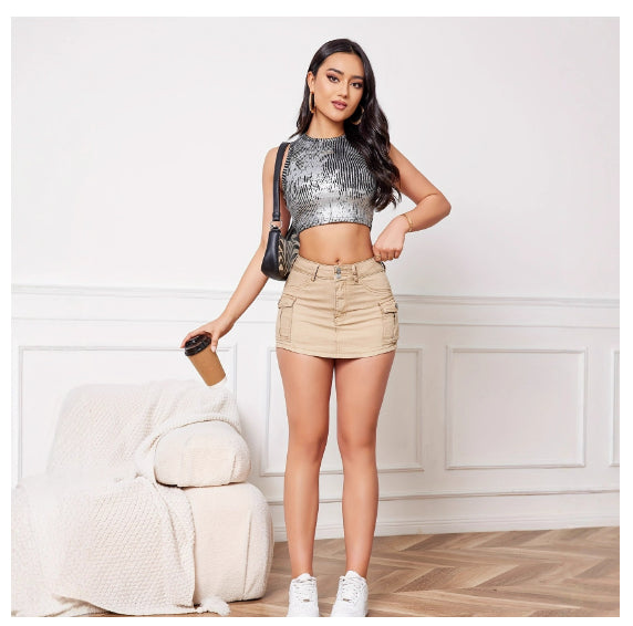 Women's Khaki Bodycon Mini Skirt with Pockets