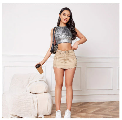 Women's Khaki Bodycon Mini Skirt with Pockets