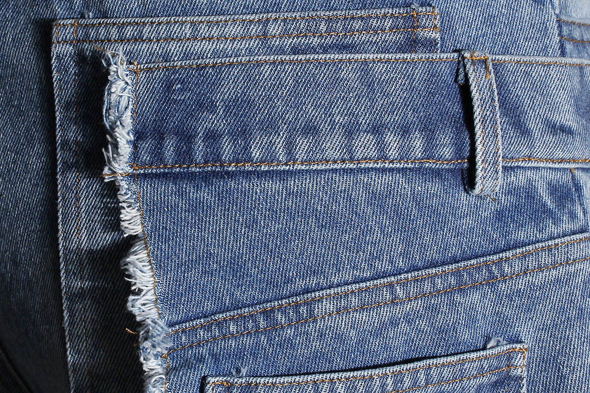 Women's Faux Two-Piece Patchwork Ripped Jeans - Blue, S-L