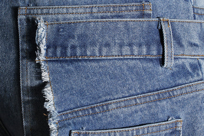 Women's Faux Two-Piece Patchwork Ripped Jeans - Blue, S-L