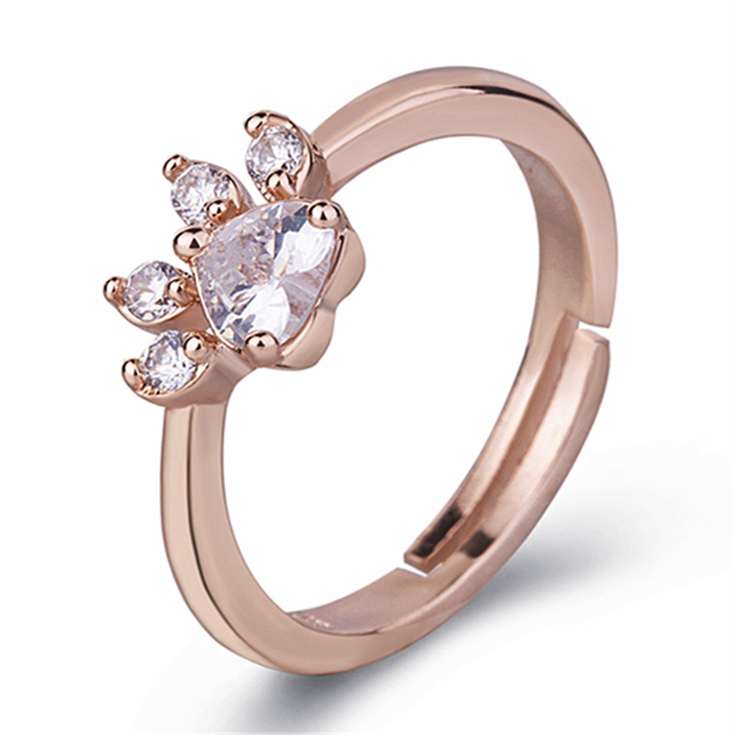 Cat Motif Crystal Adjustable Ring | Copper Open-End Ring in Rose Gold & White Gold