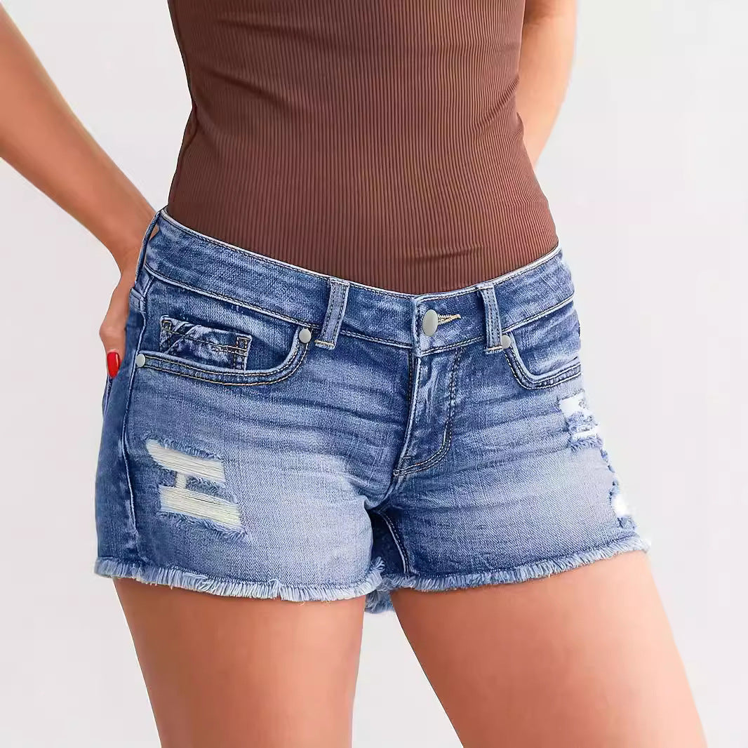 Women's Ripped Patchwork Denim Shorts | Button Fly | Light Blue