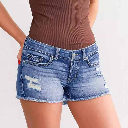 Women's Ripped Patchwork Denim Shorts | Button Fly | Light Blue