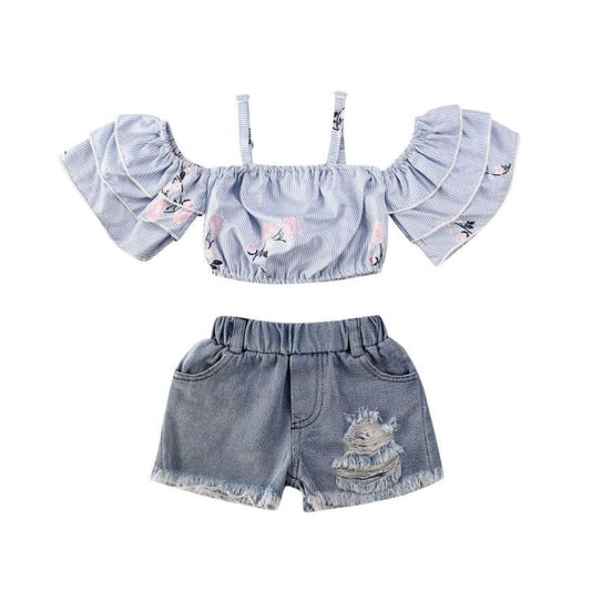 Girls' Floral Print Top & Suspender Denim Shorts Set