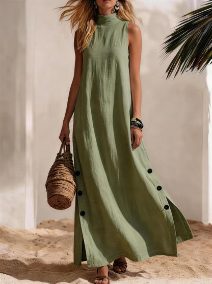 Women's Sleeveless Cotton Linen Midi Dress with Side Slits