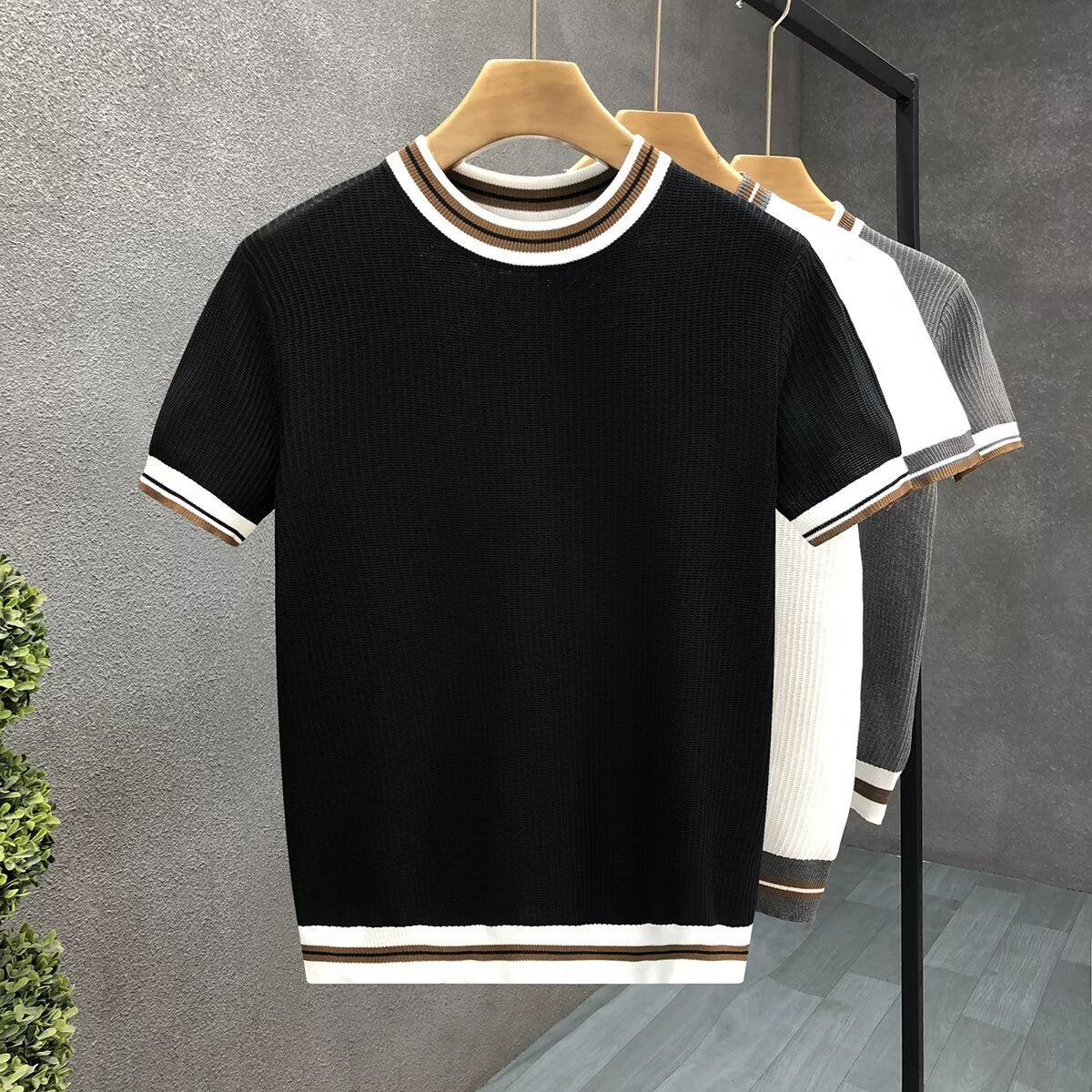 Women's Jacquard Colour-Block Knitted T-Shirt - Loose Short Sleeve