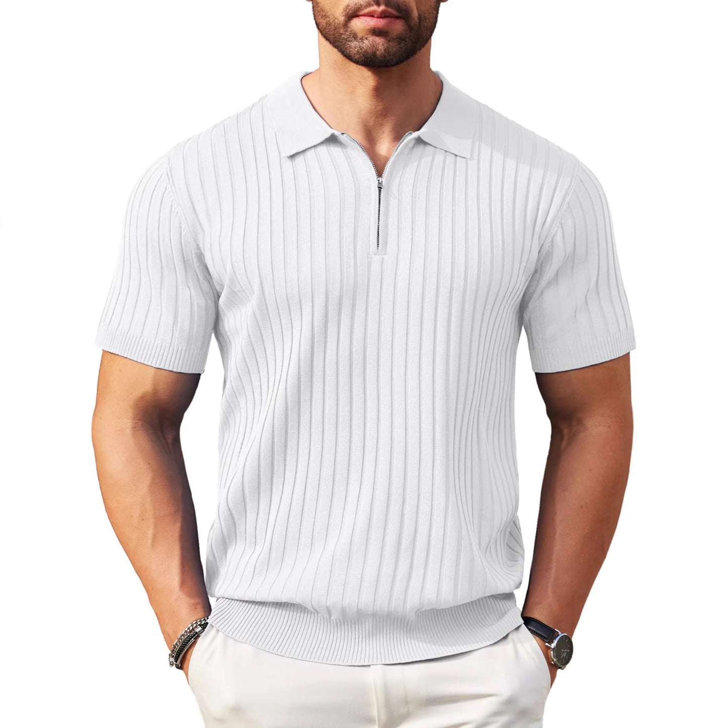 Men's Zip-Up Rib-Knit Polo Shirt | Slim Fit | S–5XL
