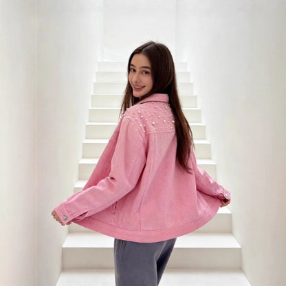 Women's Beaded Detail Slim Fit Denim Jacket – Pink | Sizes S–5XL