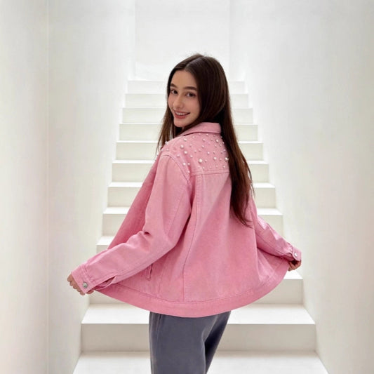 Women's Beaded Detail Slim Fit Denim Jacket – Pink | Sizes S–5XL
